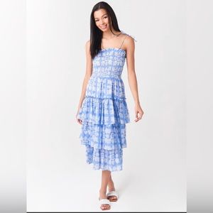 Oliphant Tie Strap Midi Dress Ruffles Blue Sz XS